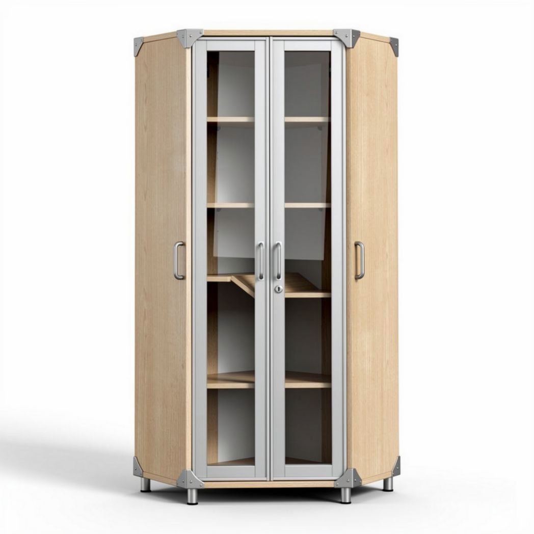Wood and metal corner cabinet with glass doors and adjustable shelves 150 x 75 x 200cm