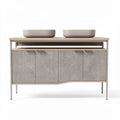 Double basin bathroom vanity with textured gray cabinet and wooden top 120 x 50 x 85cm