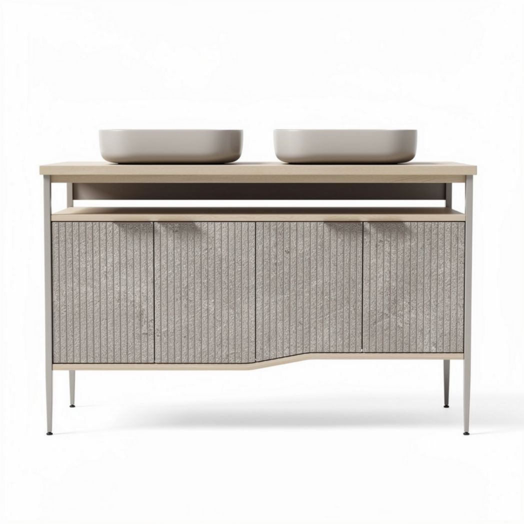 Double basin bathroom vanity with textured gray cabinet and wooden top 120 x 50 x 85cm