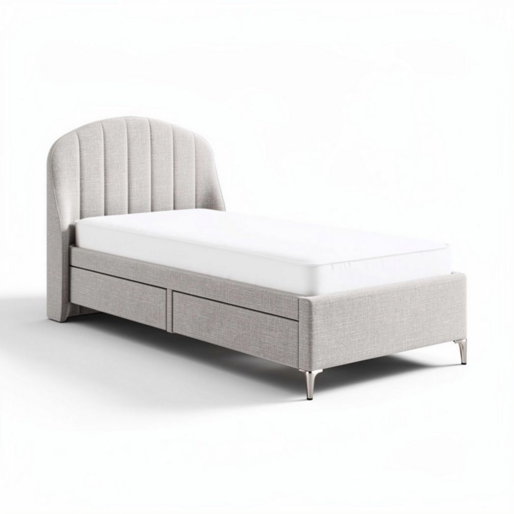 Fabric upholstered twin bed with storage drawers and curved headboard 190 x 90 x 100cm