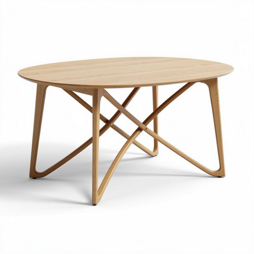 Oval wood coffee table with cross base design 60 x 40 cm natural finish