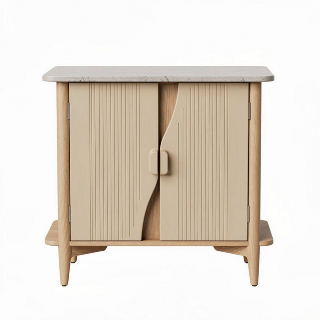 Wooden storage cabinet with beige finish and marble top 80 x 40 x 70cm