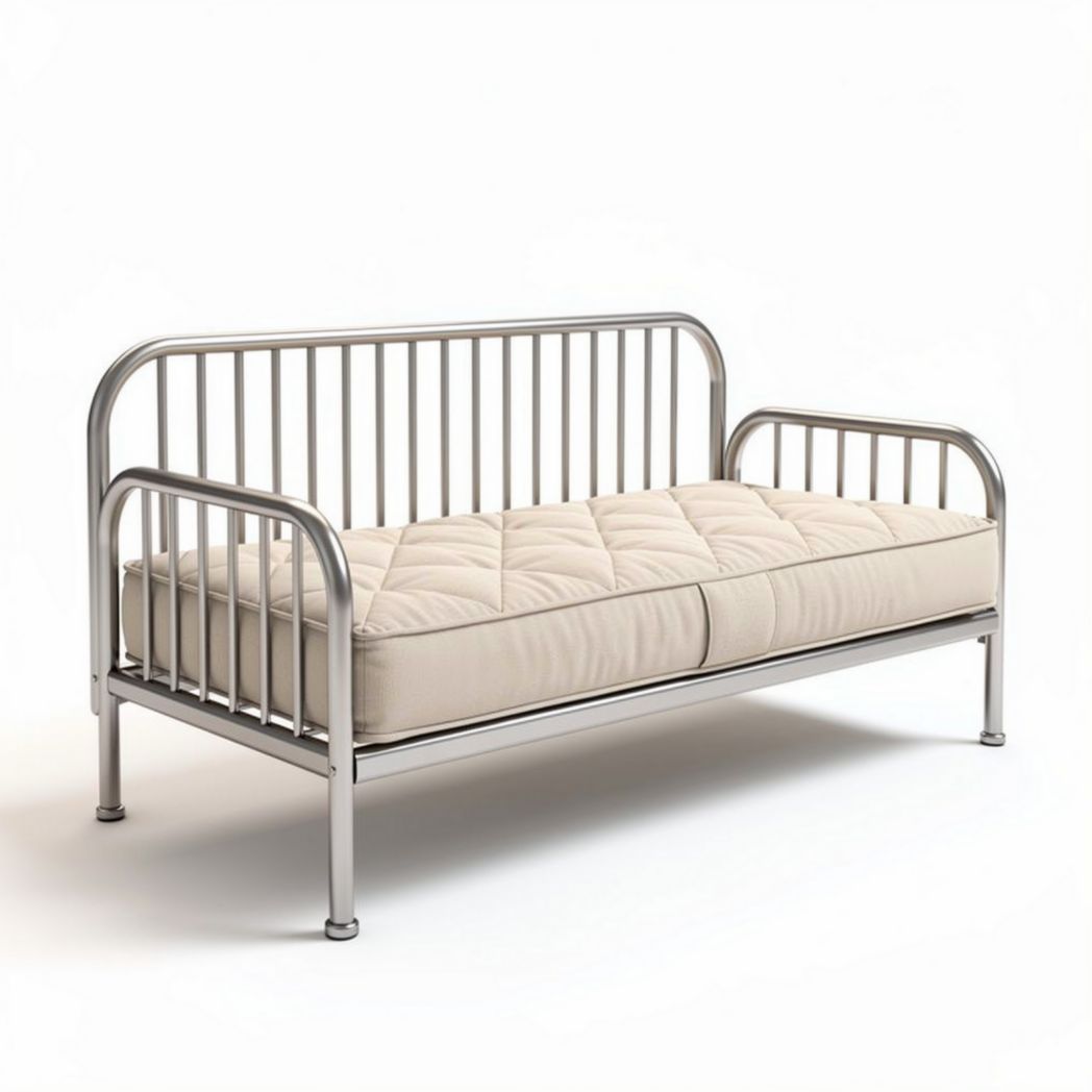 Metal frame twin-size sofa bed with beige fabric cushion 200 x 80 x 75cm