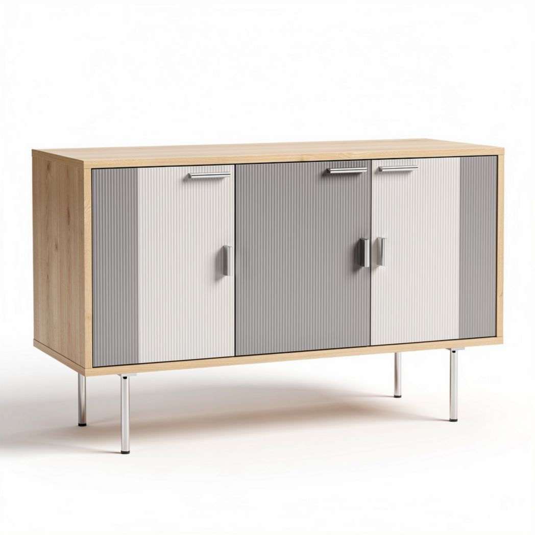Modern wooden sideboard cabinet with three doors and metal legs 120 x 40 x 75cm