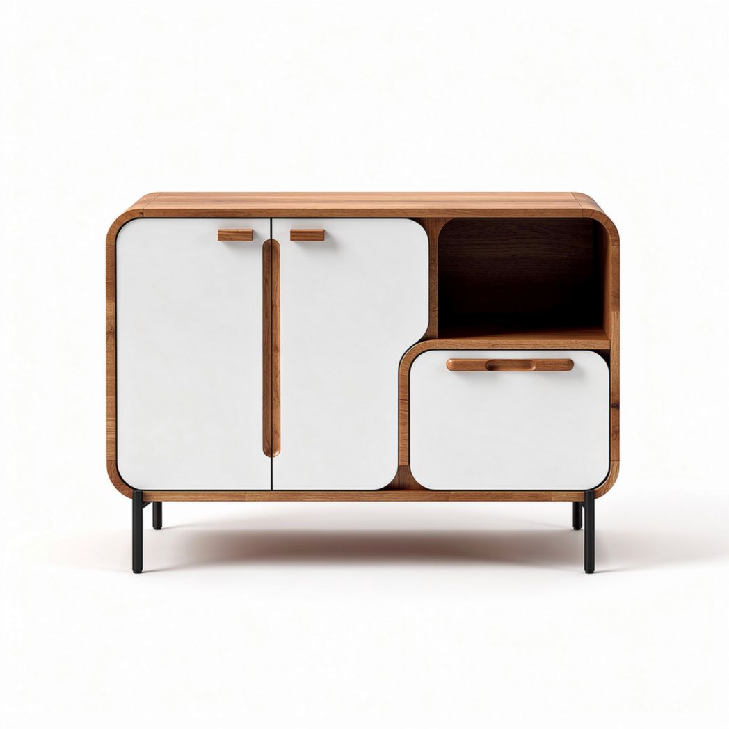 Wooden storage cabinet in walnut finish with white doors and open shelf 80 x 40 x 75cm
